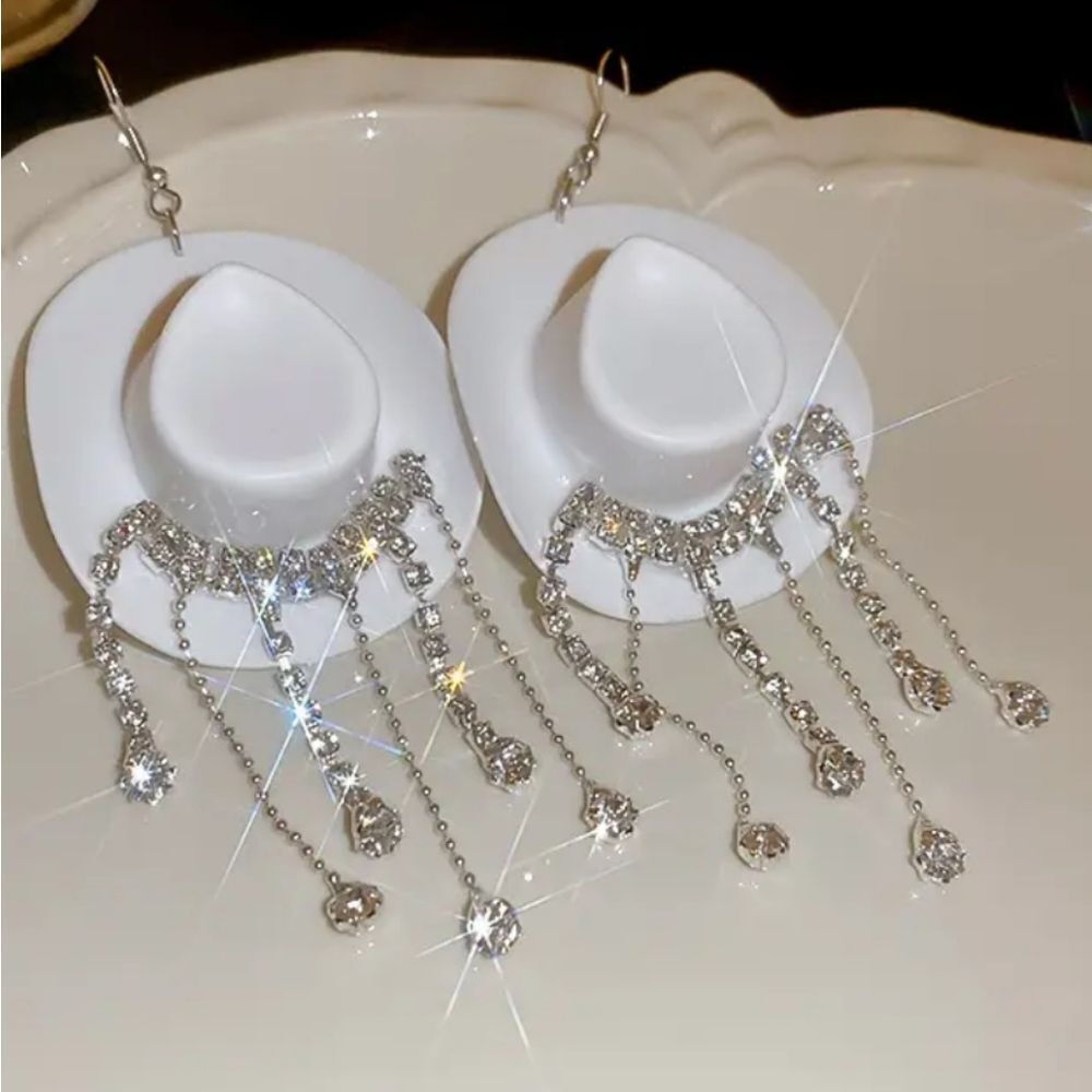 Hand Crafted Elegant White Crystal Western Cowboy Dangle Earrings For Adults - Picture 3 of 5
